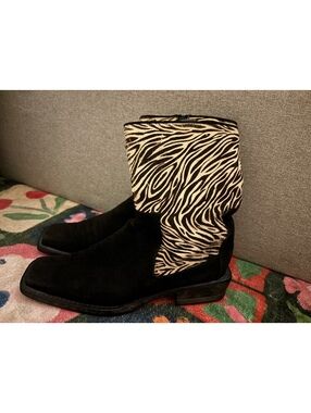 Stuart Weitzman Black Suede and Zebra Print Leather Ankle Boots Size 9B